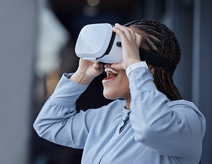 Image showing VR, glasses and business woman outdoor on AR software, high tech and digital world, wow and surprise. Virtual reality, vision and professional person watch or user experience in urban city or travel