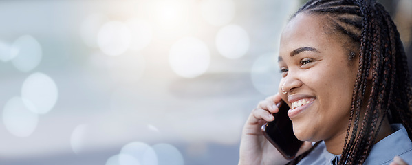 Image showing Happy, mockup or woman on a phone call for business networking, vision or good news on banner space. Startup, negotiation or female entrepreneur female talking, conversation or discussion for deal