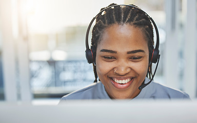 Image showing Call center, communication and business woman, consultant or agent in customer support, consulting or e commerce. Happy, professional and african person in virtual consultation, telecom and computer