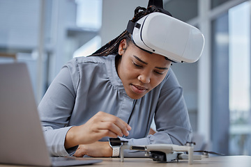 Image showing Creative woman, VR and drone on desk for innovation, control or development at the office. Female person or hardware developer working on remote technology or virtual reality in startup at workplace