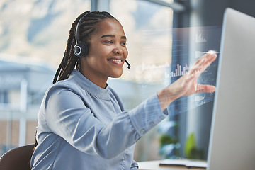 Image showing Call center, digital overlay or happy woman on computer in customer support, telemarketing or CRM network. Chart graphs hologram, contact us or girl virtual assistant consulting with headset or smile