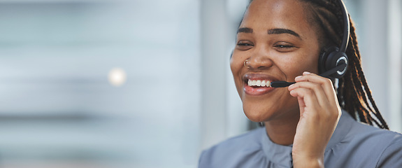 Image showing Call center banner, happy and black woman with a headset for consulting, online contact and telemarketing. Ecommerce, mockup and an African customer service worker with a smile for advice and support