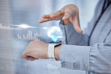 Image showing Business, closeup and smartwatch with hologram, globe.or online to check time, program or goals. Female person, tracker or employee with progress, app or wearable with technology, internet or network