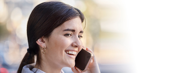 Image showing Smile, phone call and woman in office with mockup, bokeh and networking with communication on banner space. Consulting, chat connection and happy agent talking on cellphone, business conversation.