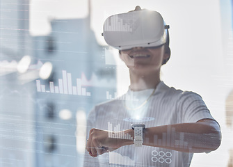 Image showing Vr, 3d or woman with smart watch, hologram or graphs data for charts info or online update in office. Virtual reality, metaverse or girl developer with futuristic time device for web innovation