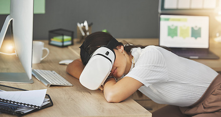 Image showing Tired, virtual reality or businesswoman in office sleeping in metaverse with digital technology for nap. Relax, fatigue or overworked worker with futuristic headset for 3d fantasy vr simulation