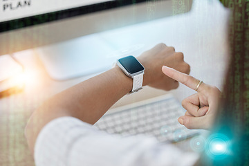 Image showing Smartwatch, screen and business woman for office management, workflow check and data mockup in overlay. Digital, clock app and professional person hands typing, reading and timer technology at desk