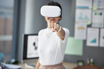 Image showing Pointing, overlay or woman developer with vr headset for web design project for website cybersecurity. 3d touch, digital or girl in virtual reality for future cloud computing at office in metaverse