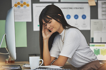 Image showing Woman, burnout or tired accountant with headache in office with mental fatigue, head pain or stress crisis. Mistake, sad or overworked business analyst frustrated with depression anxiety or migraine