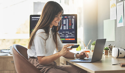 Image showing Credit card, laptop or happy woman typing on stock market or cryptocurrency website for financial payment. Digital, fintech app or girl trader trading online for money or savings investment growth