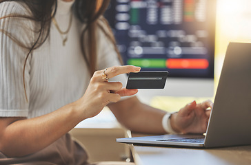 Image showing Credit card, laptop or hands of woman on stock market or cryptocurrency website for financial payment. Digital, fintech or girl trader trading or typing online for money or savings investment growth