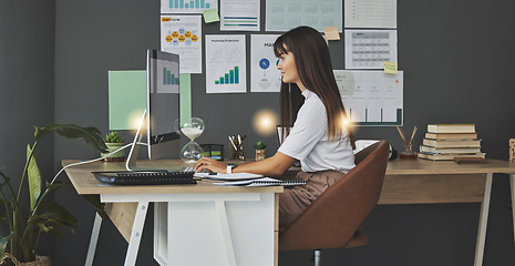 Image showing Woman, analytics and data analyst working from home, computer and employee at desk with graph and charts. Information, statistics and female person typing, remote work and review online research