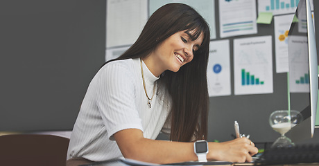 Image showing Woman, analytics and data analyst with remote work, writing notes and employee at desk with graph and charts. Information, statistics and female person working from home, review research and insight