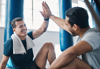 Image showing Fitness, high five and men friends at a gym for training, workout and motivation, happy and smile. Exercise, success and man with personal trainer at health club celebrate kickboxing goal or progress