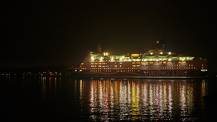 Image showing Stockholm, Sweden - November 6, 2018: Amorella from the Viking Line company embarking to the port in Stockholm