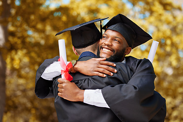 Image showing Graduation, happy black man and hug of friends to celebrate education achievement, success and goals outdoor. Male university students embrace for congratulations, graduate support or dream of future