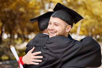 Image showing Graduate celebration, happy man and hug of friends for success of education achievement, winning and goals outdoor. Excited male university students embrace to celebrate dream, pride or college award