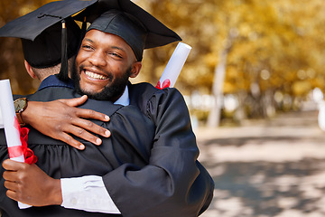 Image showing University graduation, black man and friends hug for success of college achievement, winning or support outdoor. Excited male students, smile and embrace to celebrate graduate dream, award and goals