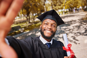 Image showing Black man, graduation selfie and diploma for college student, smile and excited for future at campus event. Graduate, education and celebration with certificate, memory or profile picture for success