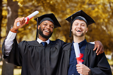 Image showing Graduation, men and portrait of friends celebrate achievement, education goals and smile for success outdoor. Happy male university students, graduate celebration and pride for certificate of freedom