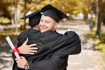 Image showing University graduation, happy man and friends hug for success of college achievement, winning or motivation outdoor. Excited male students embrace to celebrate dream, graduate goals or education award