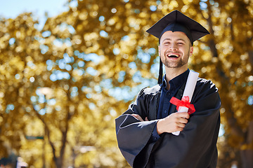 Image showing Diploma, happy and man with certificate in outdoor for success with achievement for future. Graduation, guy and education with pride or happiness with scroll in nature with for qualification.