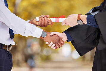 Image showing Graduation certificate, handshake and student in success, achievement and congratulations or thank you. Graduate or diversity people shaking hands of diploma, excellence or giving award at university