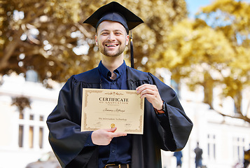 Image showing Portrait, graduate and holding certificate with man in with campus for achievement. Diploma, guy and happy face with college graduation for success with motivation degree in information technology.