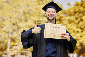 Image showing Graduation portrait, certificate and student thumbs up for university, education or college success on campus or park. Excited man or graduate like, yes or excellence emoji and sign, diploma or award