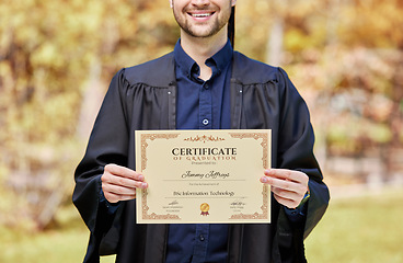 Image showing University, man and student with certificate in closeup with award at college for success in future. Graduation, man and diploma as achievement with education for degree in information technology.