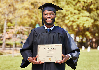 Image showing Certificate, black man and campus in portrait with smile with achievement or award for success. Man, pride and diploma with education for degree in masters from university with achievement or award.