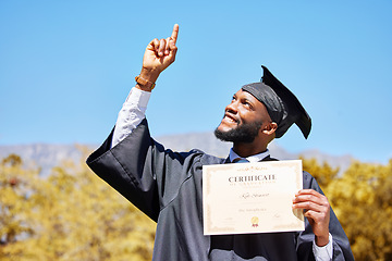 Image showing Certificate, graduation and success with black man pointing for award, winner and education. Scholarship, future and learning with university student on campus for achievement, study and diploma