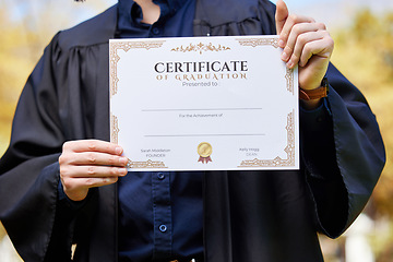 Image showing University, hands and closeup of graduate with degree with mockup space for achievement. Scholarship, college and zoom of student or person holding certificate or diploma with template for education.