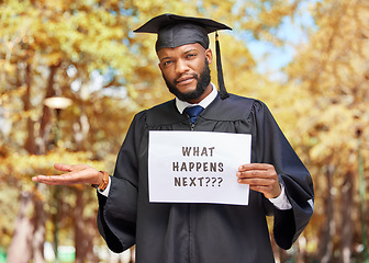 Image showing Paper sign, shrug and portrait of a man graduate by his college campus with a confused gesture. Doubt, graduation and African male student with poster and dont know expression outdoor at university.