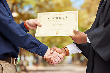 Image showing Shaking hands, graduation and certificate for college student with congratulations, professor and event for learning. Education, celebration and party with diploma, paperwork and award with success