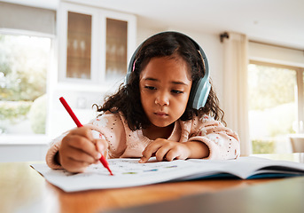 Image showing Education, learning or headphones on kid for homework, writing and drawing books for homeschooling. Childhood development, focus and young girl listening to music while studying for kindergarten test