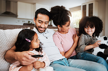 Image showing Happy family, parents and kids watching tv in home of movies, film broadcast or relax in living room. Mother, father and children on sofa of television media, video subscription or streaming platform