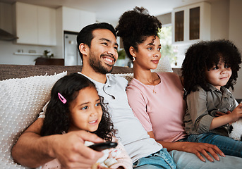 Image showing Mother, father and children on couch, watching tv and happy family bonding together in living room. Remote, happiness and parents relax with kids on sofa, streaming television show or movies in home.