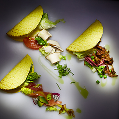 Image showing Three different tacos with beef, chicken and salmon. View from above. With copy space.