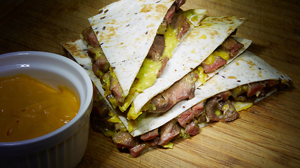 Image showing Fresh hot perfectly made mexican quesadilla delicious international food.