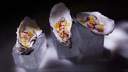 Image showing Fresh Oyster salad on the half shells.