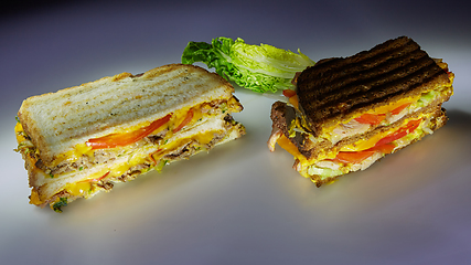 Image showing Two sandwiches on black and white bread with beef and turkey