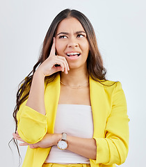 Image showing Thinking, professional or woman confused over solution, problem solving plan or development ideas. Doubt, studio or business person brainstorming decision, question or choice on white background