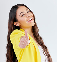 Image showing Portrait, support and woman with thumbs up, achievement and like symbol against a white studio background. Winning, female person or model with hand gesture, sign or positive with review or agreement