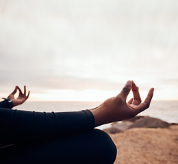 Image showing Peace, hands of woman meditation and in sunset outdoors in nature for yoga exercise. Mockup space or workout, freedom or zen spiritual balance and female person with lotus for relaxation wellness