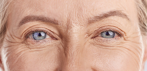 Image showing Closeup of senior woman, eyes and wrinkles with vision, skin with face and natural beauty. Anti aging, dermatology and female model with eye care, wellness and cosmetics, skincare and contact lens