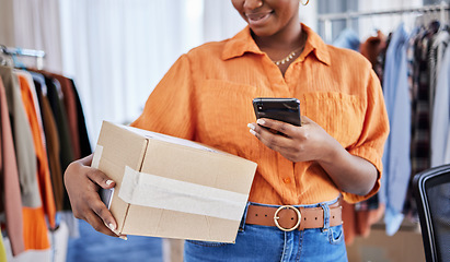 Image showing Phone, hands or woman with box for delivery, shipping post or package in ecommerce logistics office. Online sale, stock or business owner with product label or store order for cargo courier service