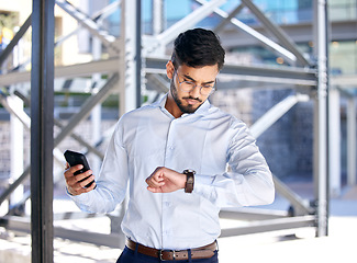 Image showing Business, outdoor and man with a smartphone, check time and schedule with a consultant, punctual and internet connection. Male person, employee outside or agent with a cellphone, watch or appointment