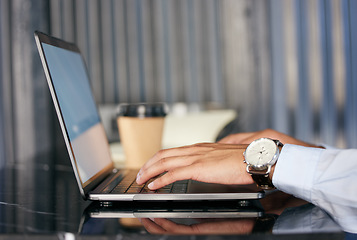 Image showing Hands, laptop and person typing architect project proposal or budget for financial profit or writing an email online. Internet, research and worker or employee working and search the web or website