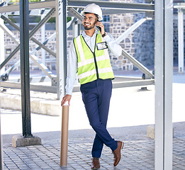 Image showing Architect, phone call and happy man with blueprint at construction site, networking and communication with plan. Engineering, cellphone and negotiation discussion for safety and planning with smile.